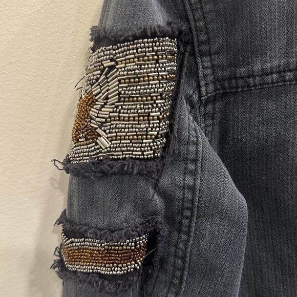 Free People Embellished Military Shirt Jacket Gray Distressed Beaded Patchwork - Picture 9 of 13